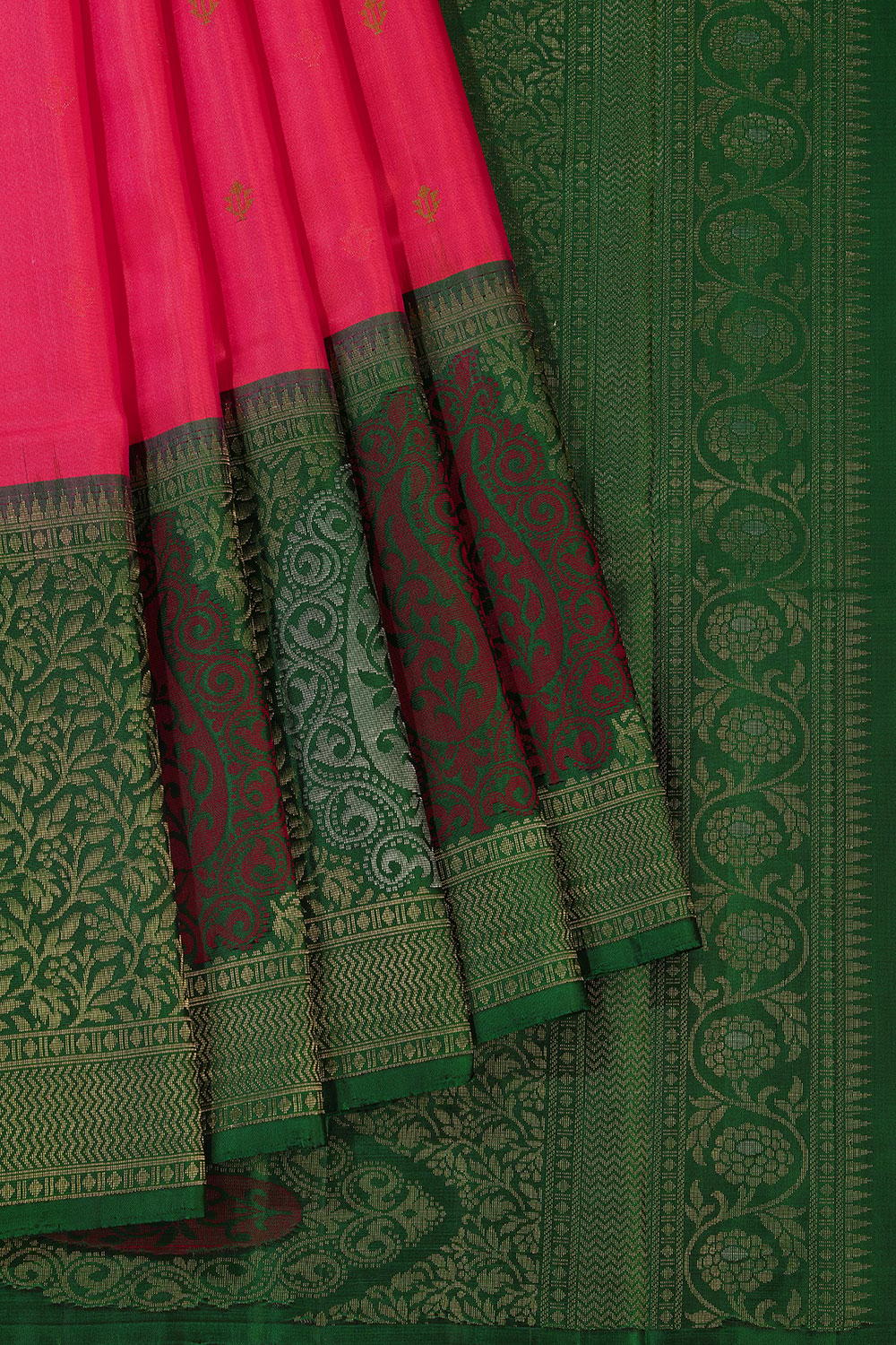 Fuchsia-Pink Silk-Woven Saree With Green Pallu